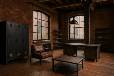 Loft industrial con muebles metálicos y paredes de ladrillo visto.