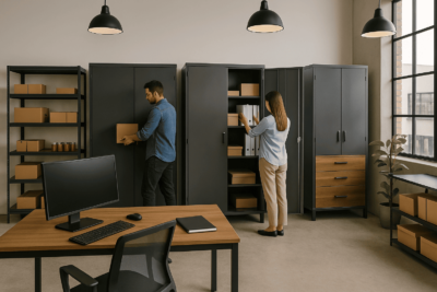 Oficina en Colombia con armarios metálicos y empleados organizando documentos.