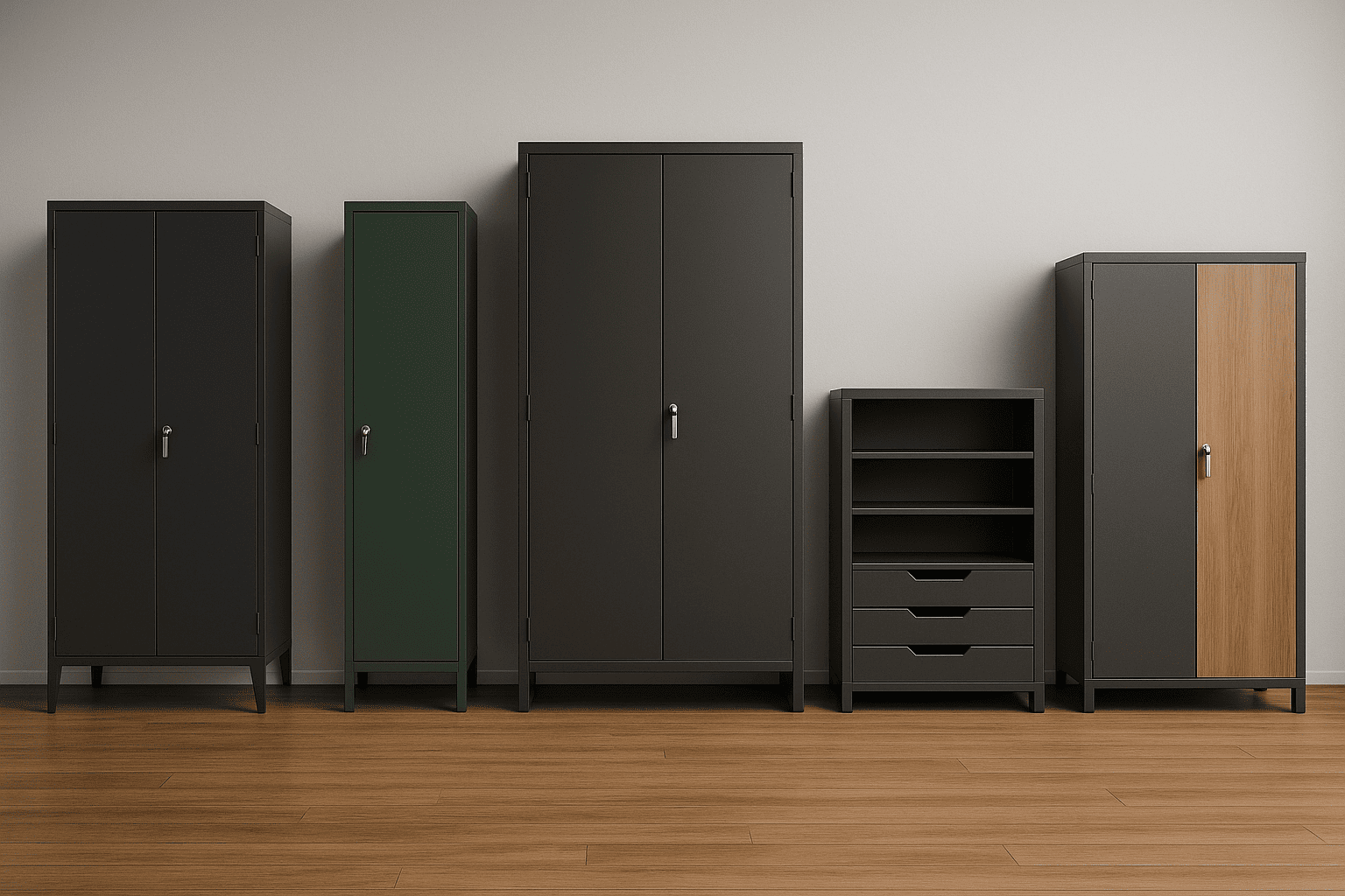 Showroom en Colombia con diferentes tipos de armarios metálicos.
